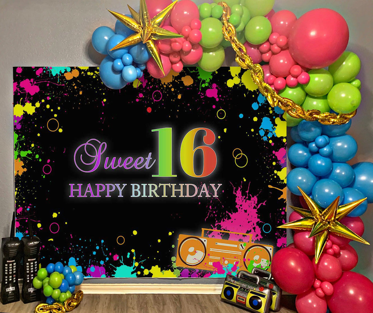 Mocsicka Splash Paint and Radio Sweet 16 Happy Birthday Backdrop-Mocsicka Party