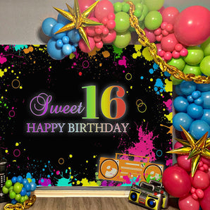 Mocsicka Splash Paint and Radio Sweet 16 Happy Birthday Backdrop-Mocsicka Party