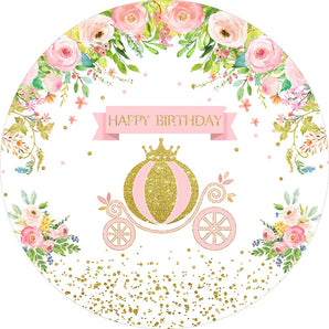 Mocsicka Pumpkin Carriage and Pink Flowers Happy Birthday Round Cover