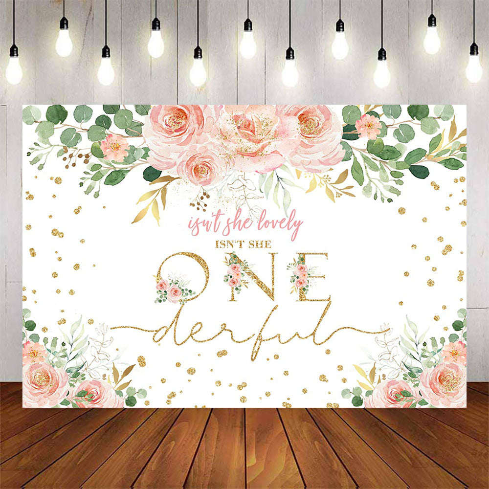 Mocsicka Pink Flowers and Golden Dots Birthday Backdrop-Mocsicka Party
