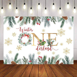 Mocsicka Winter Onederland Pine and Snowflakes Birthday Backdrop-Mocsicka Party
