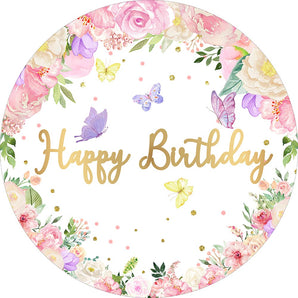 Mocsicka Butterfly and Flowers Happy Birthday Round Cover