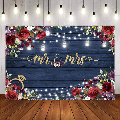 Mocsicka Mr and Mrs Blue Wooden Floor and Flowers Backdrop-Mocsicka Party