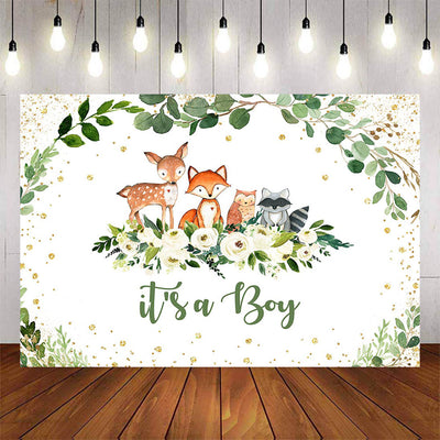 Mocsicka It's a Boy Little Animals and Green Leaves Baby Shower Backdrop-Mocsicka Party