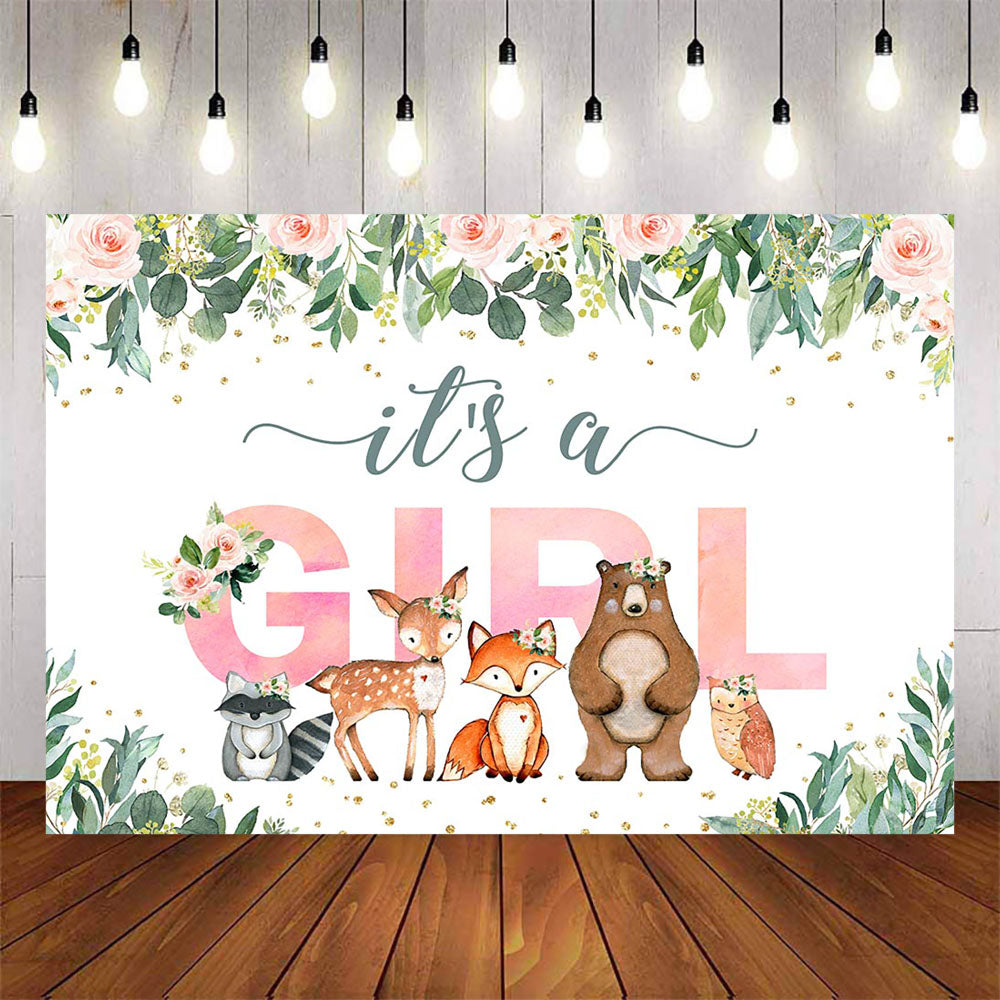 Mocsicka It's a Girl Little Animals and Pink Flowers Baby Shower Backdrop-Mocsicka Party