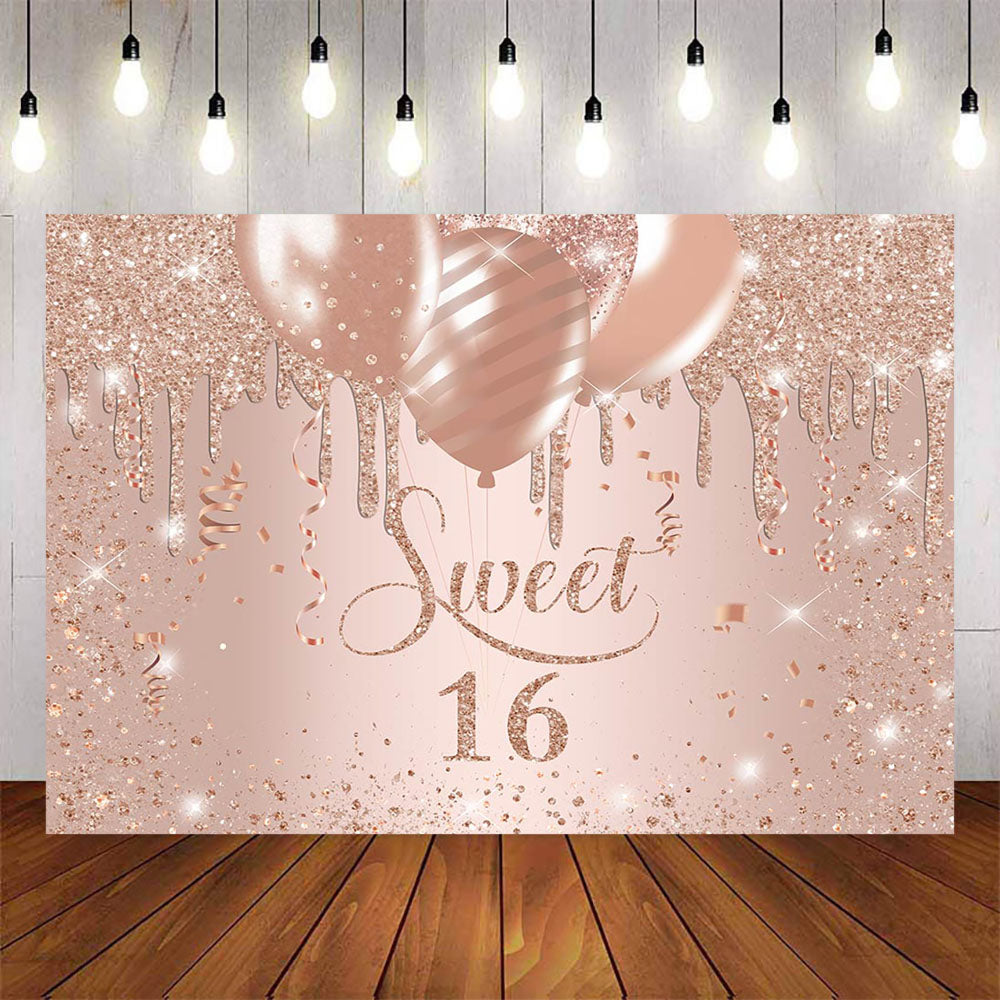 Mocsicka Champagne Gold Balloons Sweet 16 Happy Birthday Backdrop-Mocsicka Party