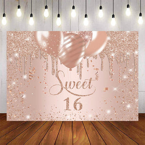 Mocsicka Champagne Gold Balloons Sweet 16 Happy Birthday Backdrop-Mocsicka Party