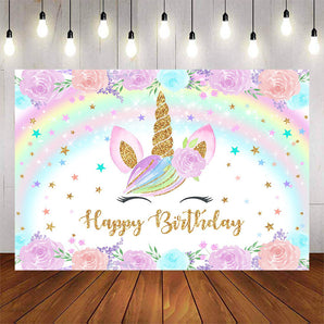 Mocsicka Unicorn Rainbow and Flowers Happy Birthday Backdrop-Mocsicka Party