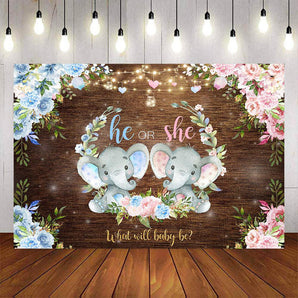 Mocsicka He or She Little Elephant and Flowers Gender Reveal Backdrop-Mocsicka Party