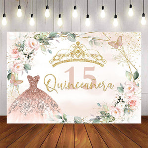 Mocsicka Quinceanera Theme Pink Flowers and Gold Crown Background-Mocsicka Party