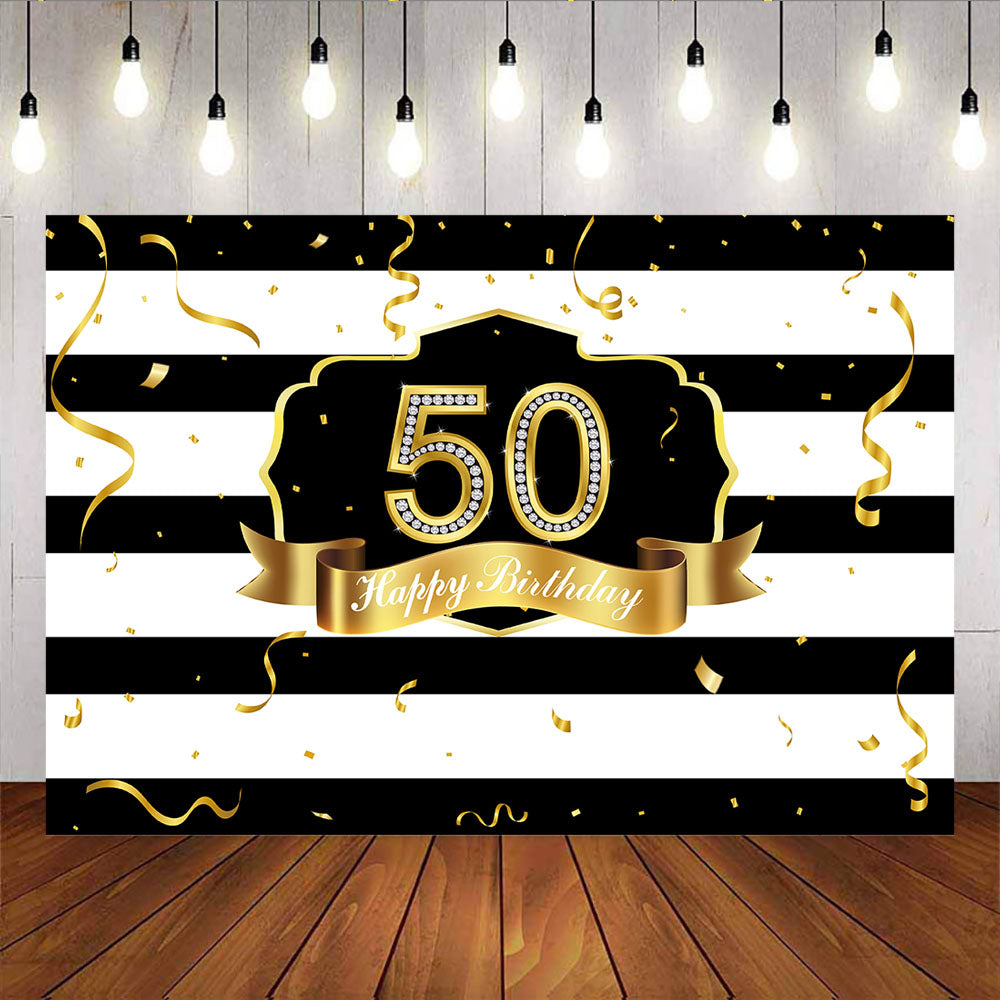 Mocsicka Happy 50th Birthday Party Decor Props Gold Ribbon Black White Stripes Background-Mocsicka Party