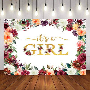 Mocsicka It's a Girl Red Flowers Baby Shower Backdrop-Mocsicka Party