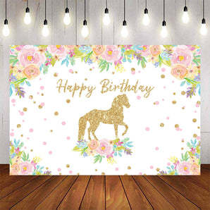 Mocsicka Golden Horse and Flowers Happy Birthday Backdrop-Mocsicka Party