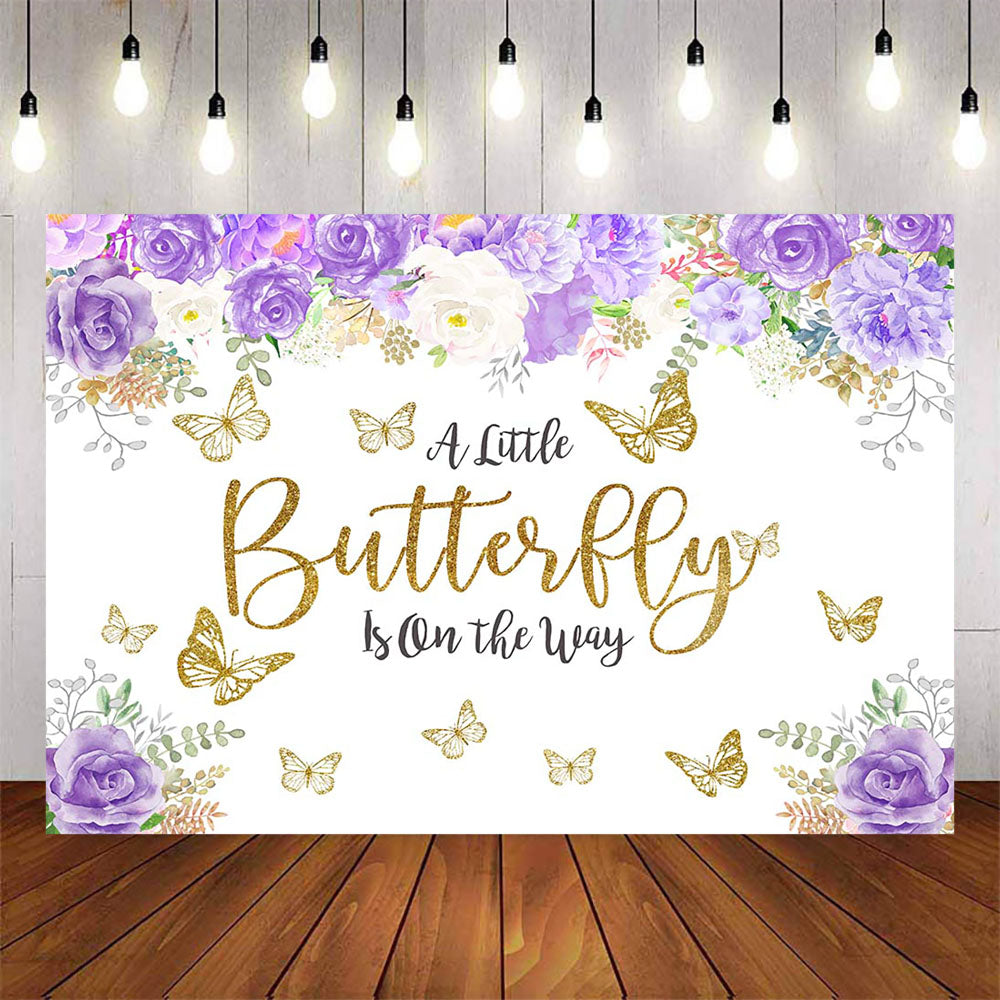 Mocsicka Gold Butterfly and Purple Flowers Baby Shower Backdrop-Mocsicka Party