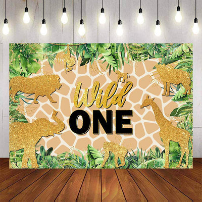 [Only Ship To U.S.& CA] Mocsicka Gold Animals Plam Leaves Wild One Birthday Backdrop-Mocsicka Party