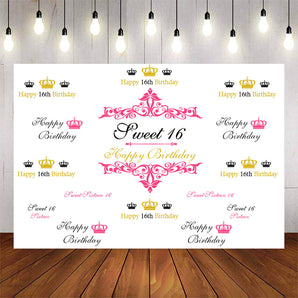 Mocsicka Happy 16th Birthday Backdrop Crown Step and Repeat Photo Background-Mocsicka Party
