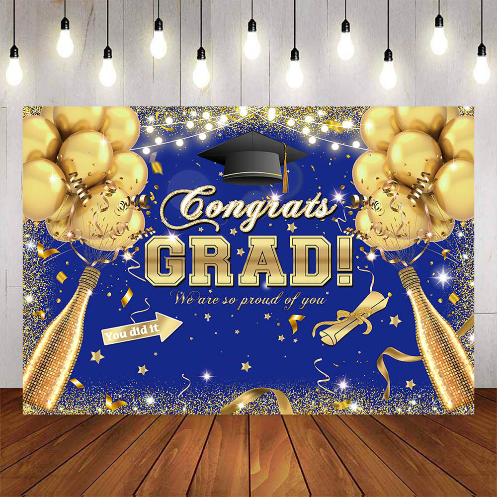 Mocsicka Congrats Grad Gold Balloons and Champagne Blue Background-Mocsicka Party