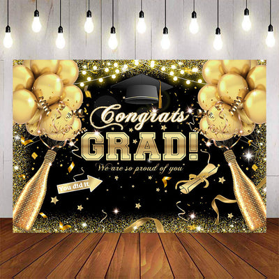 Mocsicka Congrats Grad Gold Balloons and Champagne Black Background-Mocsicka Party