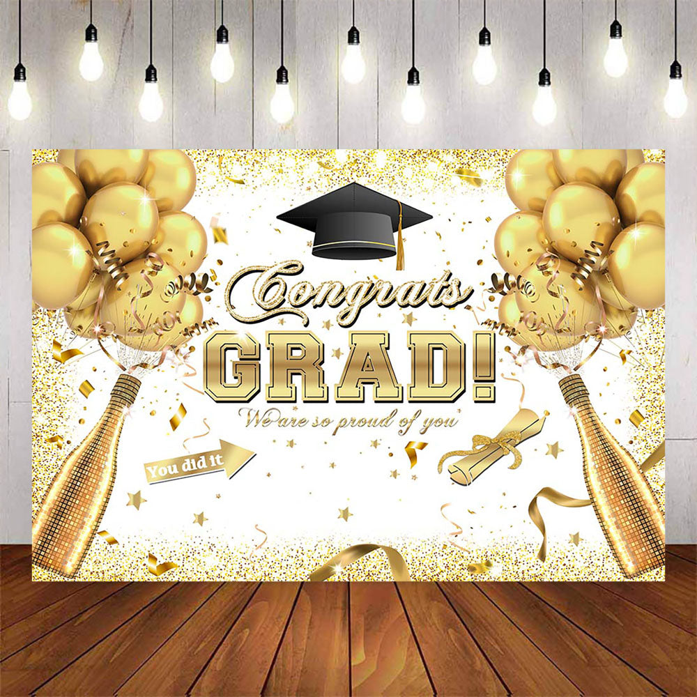 Mocsicka Congrats Grad Gold Balloons and Champagne Background-Mocsicka Party