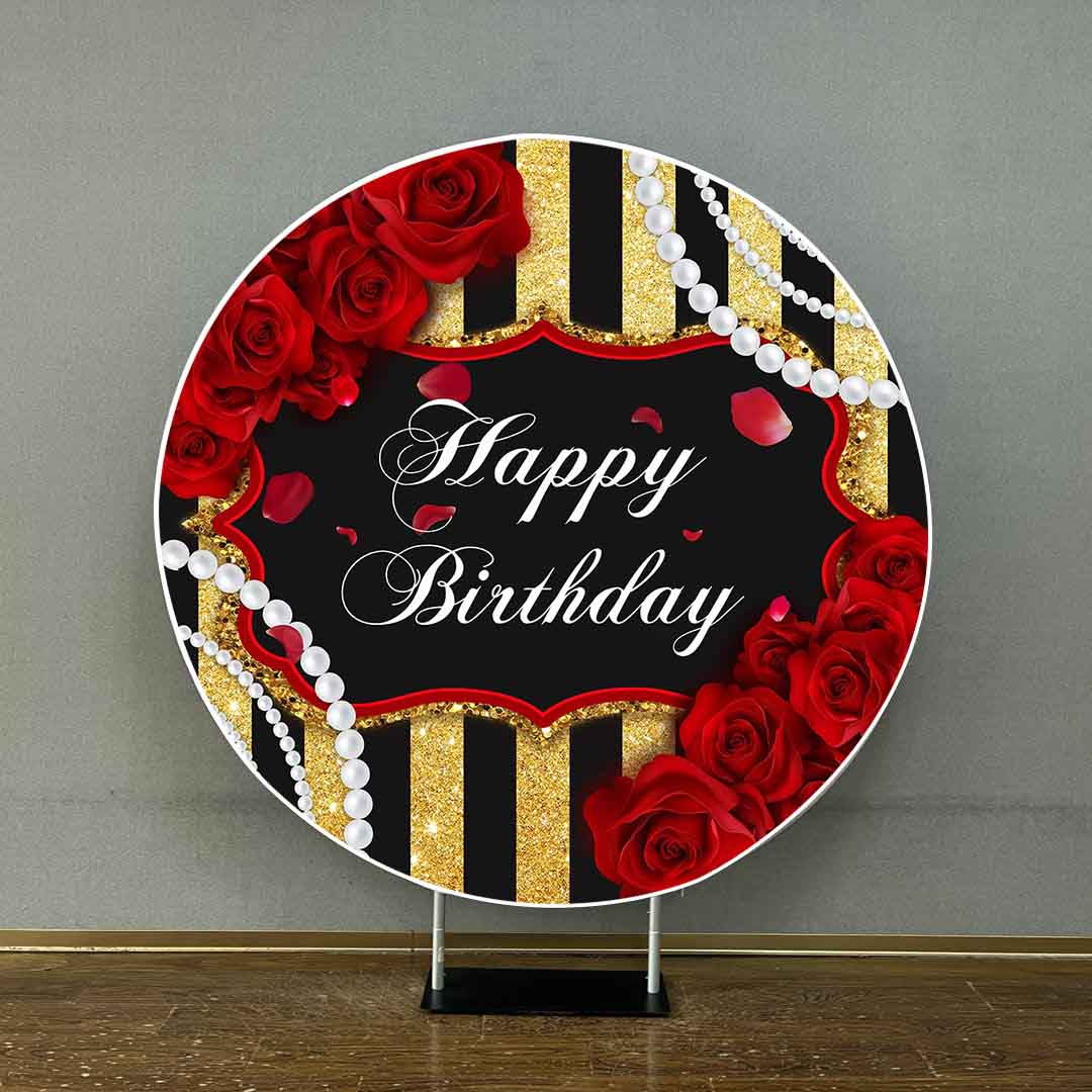 Mocsicka Gold and Black Stripes Red Rose Happy Birthday Round Cover-Mocsicka Party