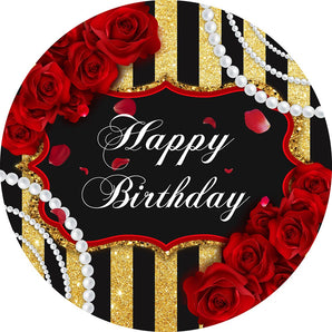 Mocsicka Gold and Black Stripes Red Rose Happy Birthday Round Cover