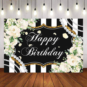 Mocsicka White Flowers and Pearls Stripes Happy Birthday Backdrop-Mocsicka Party