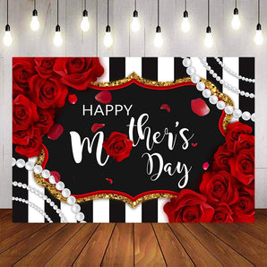 Mocsicka Red Rose Pearls and Stripes Happy Mother's Day Backdrop-Mocsicka Party