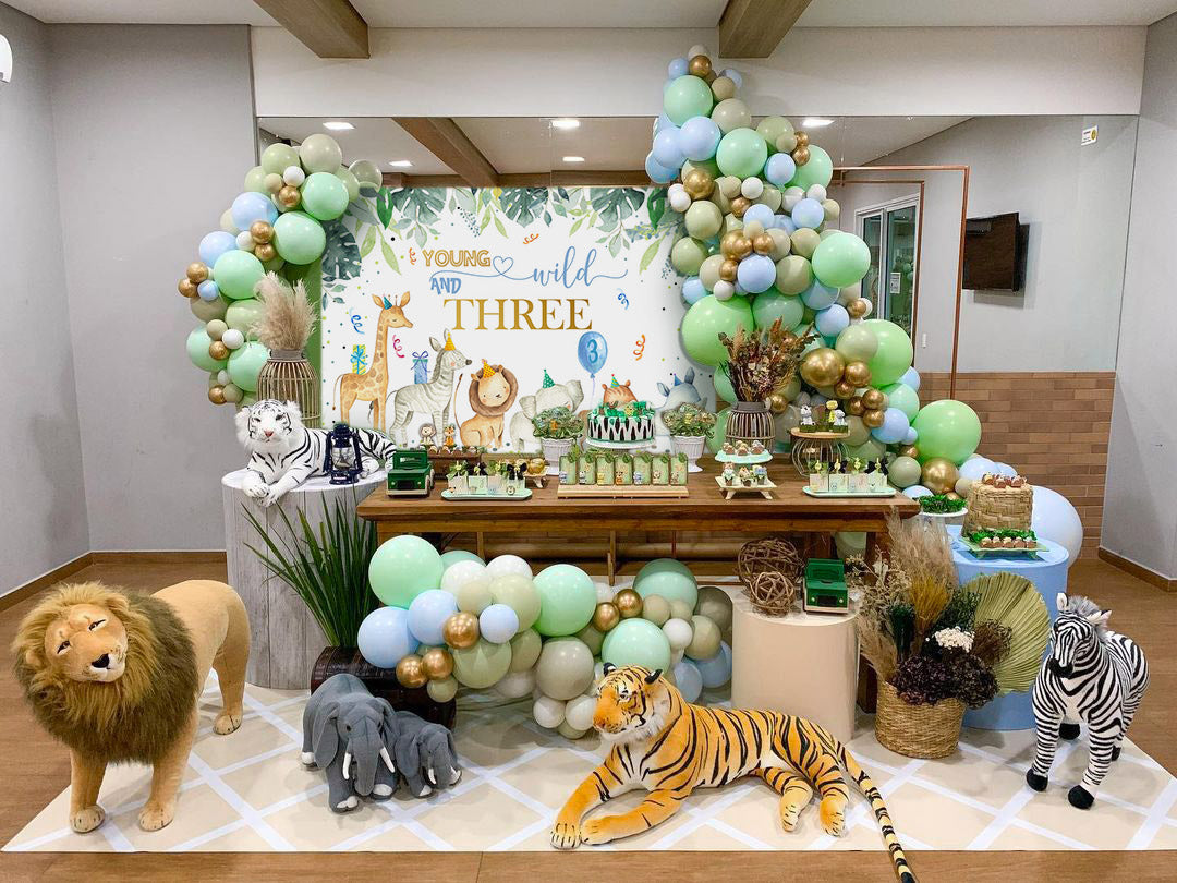 Mocsicka Little Animals and Plam Leaves Young Wild Three Boy Birthday Backdrop-Mocsicka Party