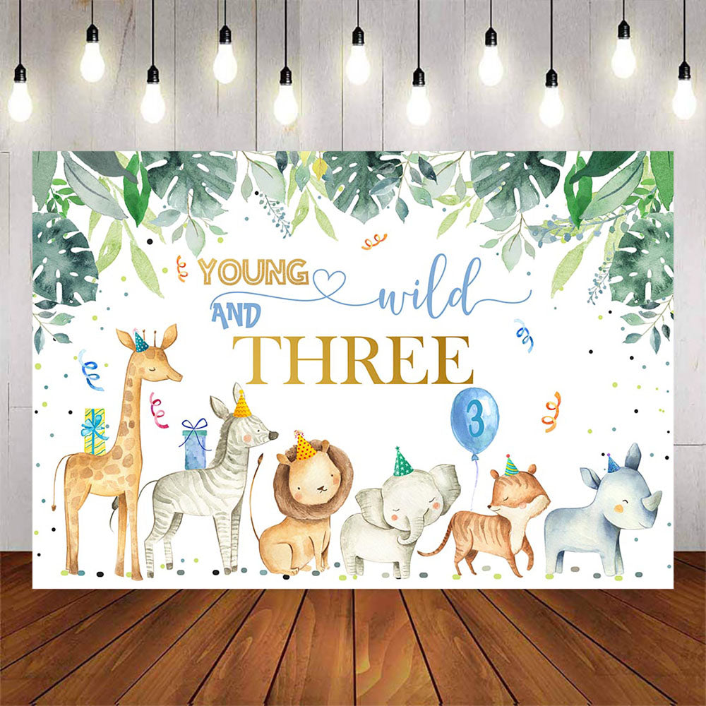 Mocsicka Little Animals and Plam Leaves Young Wild Three Boy Birthday Backdrop