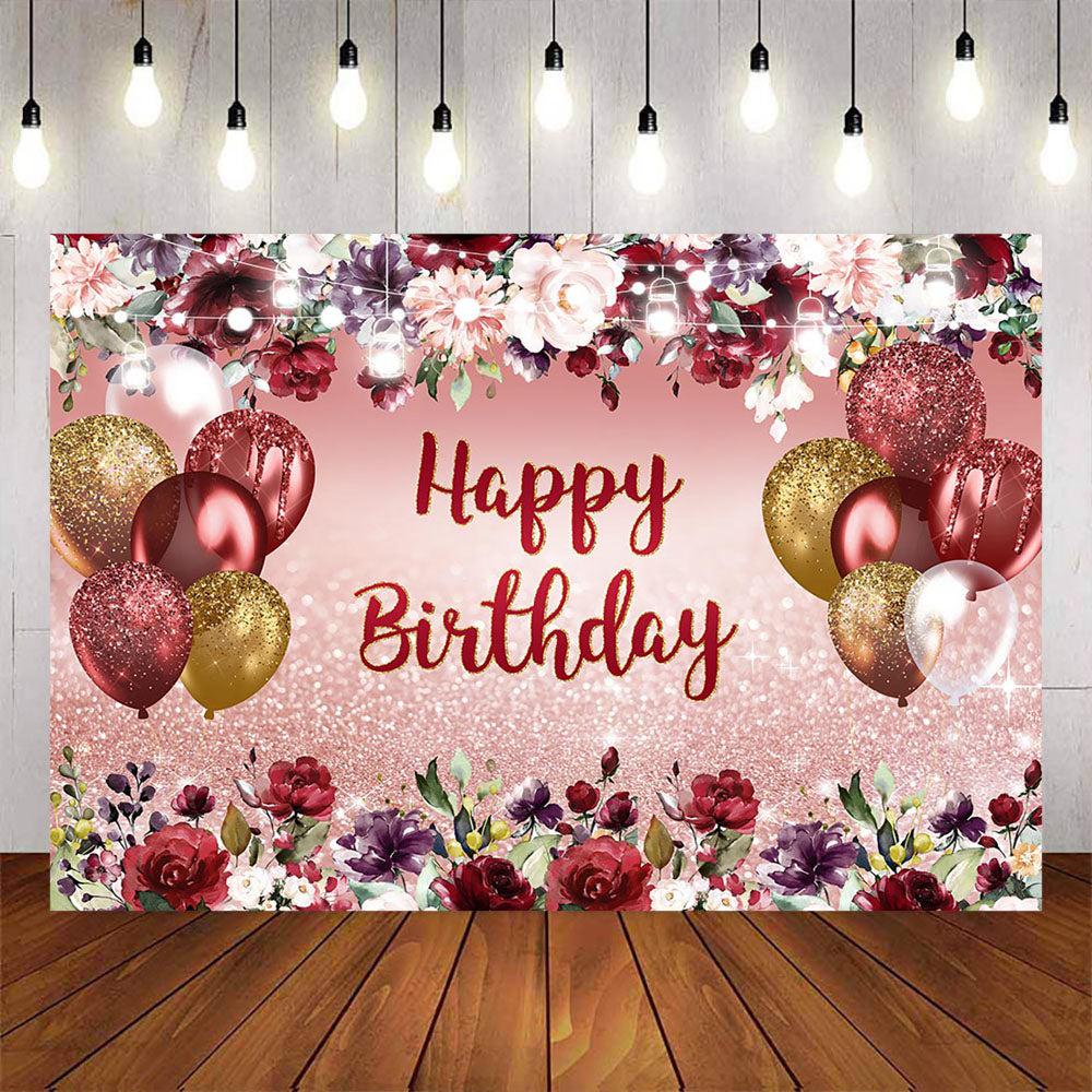 Mocsicka Burgundy Red Flowers and Balloons Happy Birthday Backdrop-Mocsicka Party