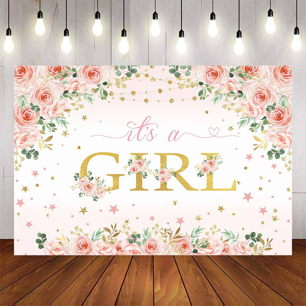Mocsicka Pink Flowers and Stars It's a Girl Baby Shower Backdrop-Mocsicka Party
