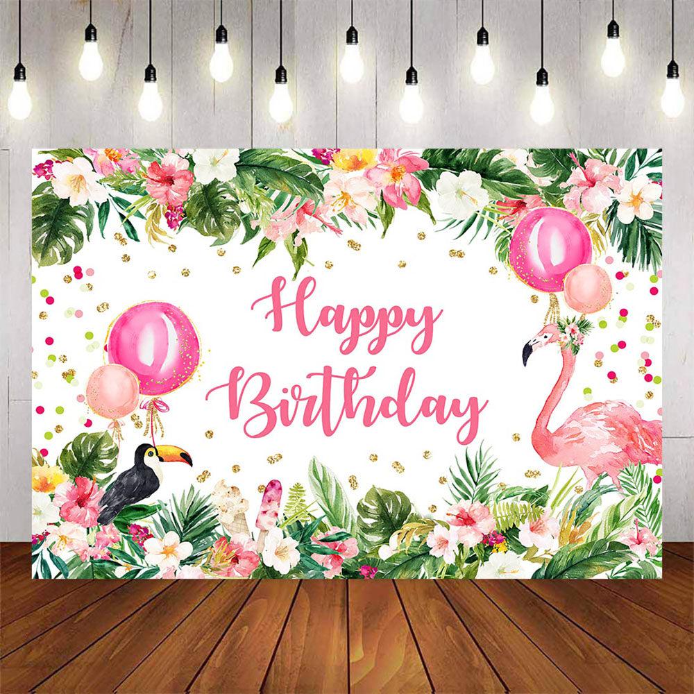 Mocsicka Flowers and Plam Leaves Flamingo Happy Birthday Backdrop-Mocsicka Party