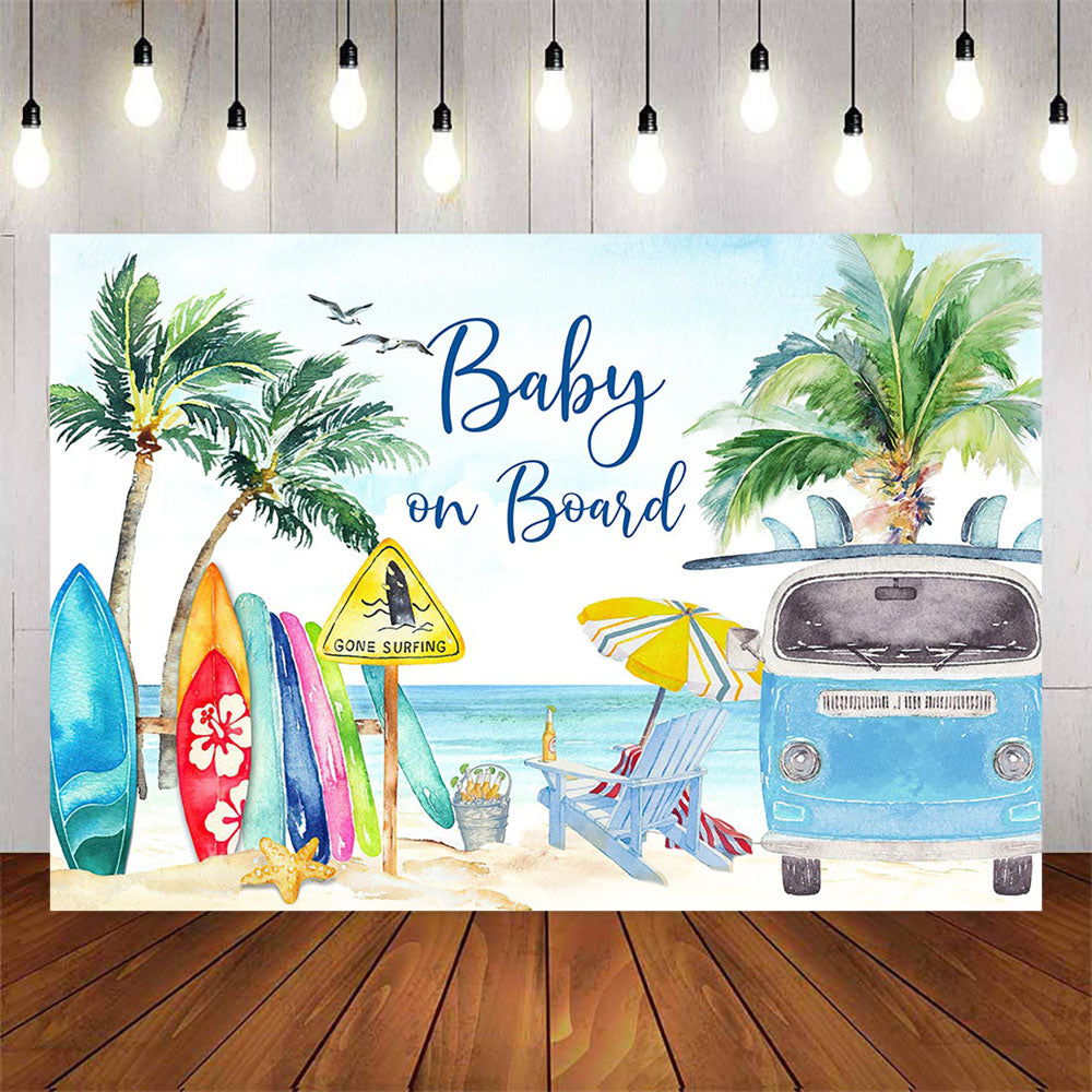 Mocsicka Summer Beach Surfboard and Bus Baby Shower Backdrop-Mocsicka Party