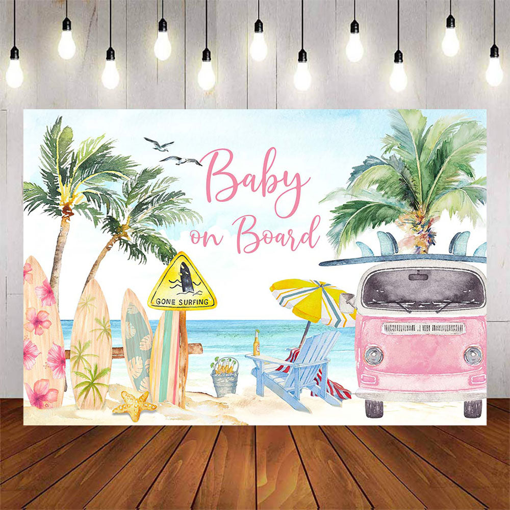 Mocsicka Summer Beach Surfboard and Bus Girl Baby Shower Backdrop-Mocsicka Party