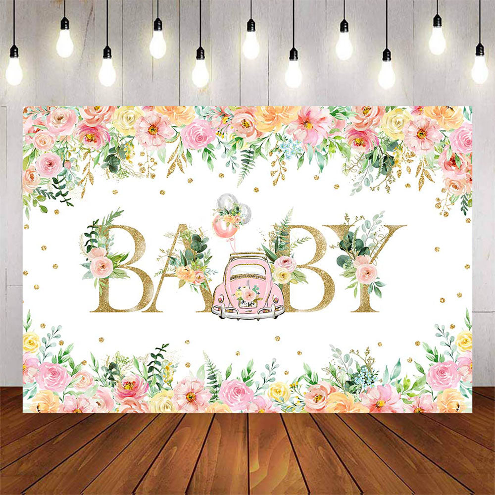 Mocsicka Spring Floral Pink Truck Baby Shower Backdrop-Mocsicka Party