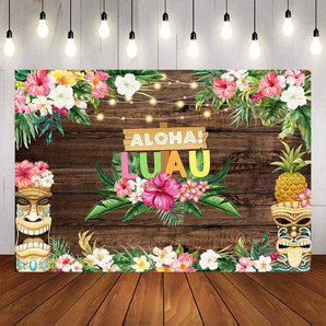 Mocsicka Hawaii Flowers Wooden Floor Aloha Luau Birthday Backdrop-Mocsicka Party