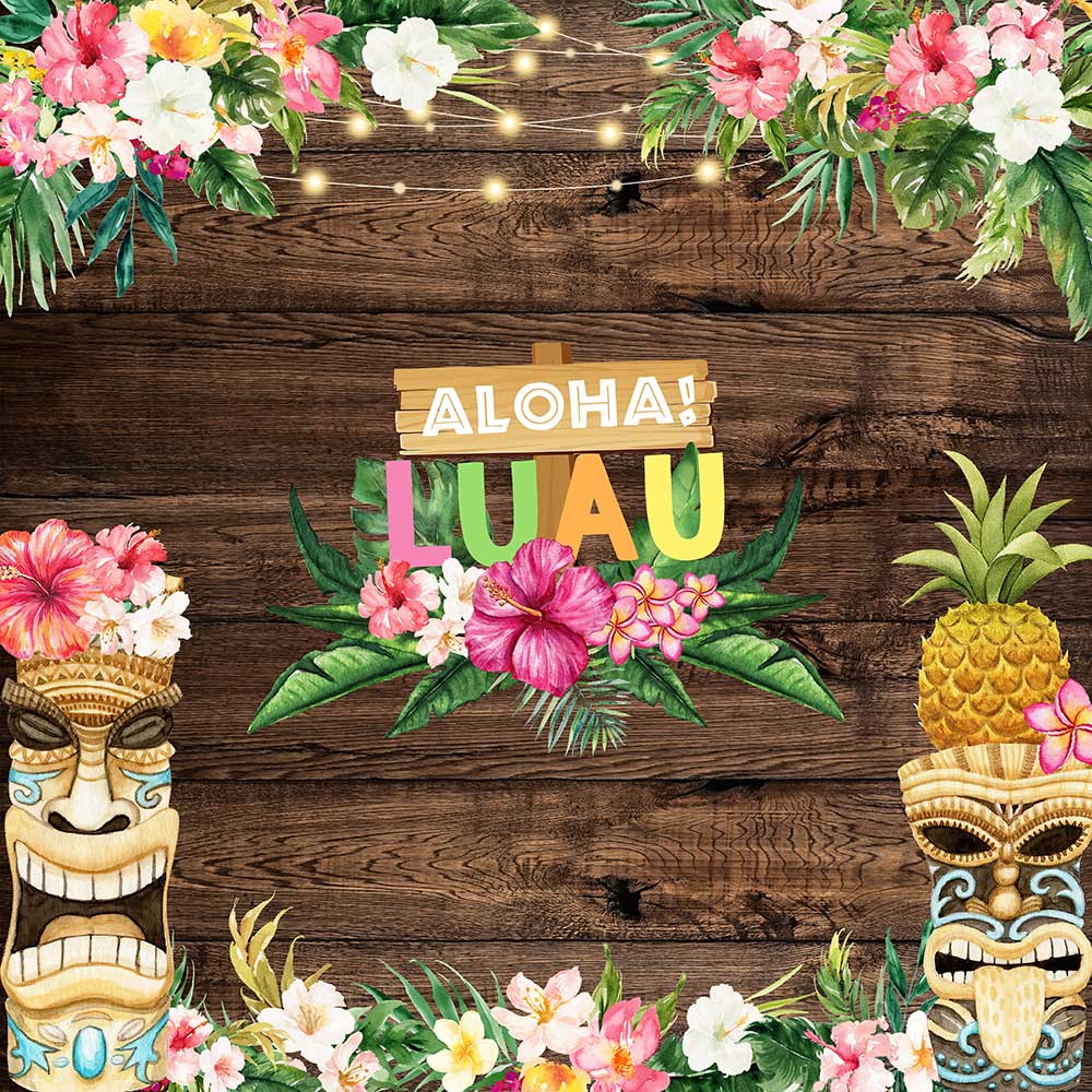 Mocsicka Hawaii Flowers Wooden Floor Aloha Luau Birthday Backdrop