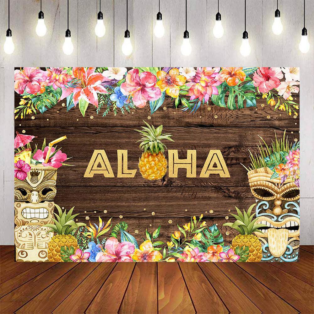 Mocsicka Hawaii Flowers Wooden Floor Aloha Pineapple Birthday Backdrop-Mocsicka Party