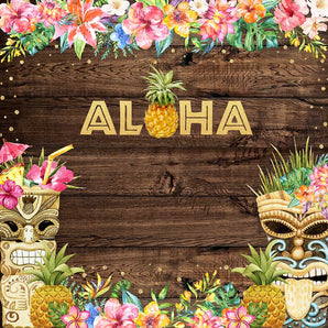 Mocsicka Hawaii Flowers Wooden Floor Aloha Pineapple Birthday Backdrop