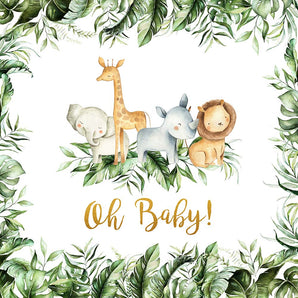 Mocsicka Plam Leaves and Wild Animals Oh Baby Shower Backdrop