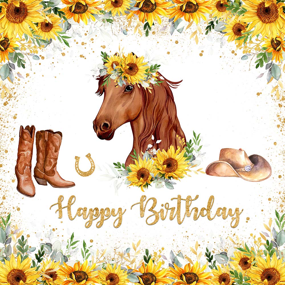 Mocsicka Cowboy Boots and Horse Sunflowers Happy Birthday Backdrop