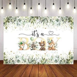 Mocsicka Green Leaves and Gold Dots It's A Boy Baby Shower Backdrop-Mocsicka Party