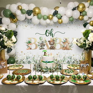 Mocsicka Green Leaves and Gold Dots Oh Baby Shower Backdrop-Mocsicka Party