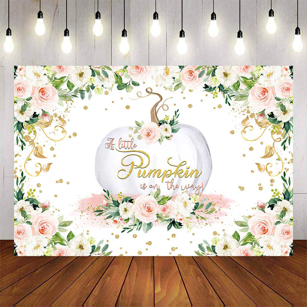Mocsicka Pink Flowers and Little Pumpkin Baby Shower Backdrop-Mocsicka Party