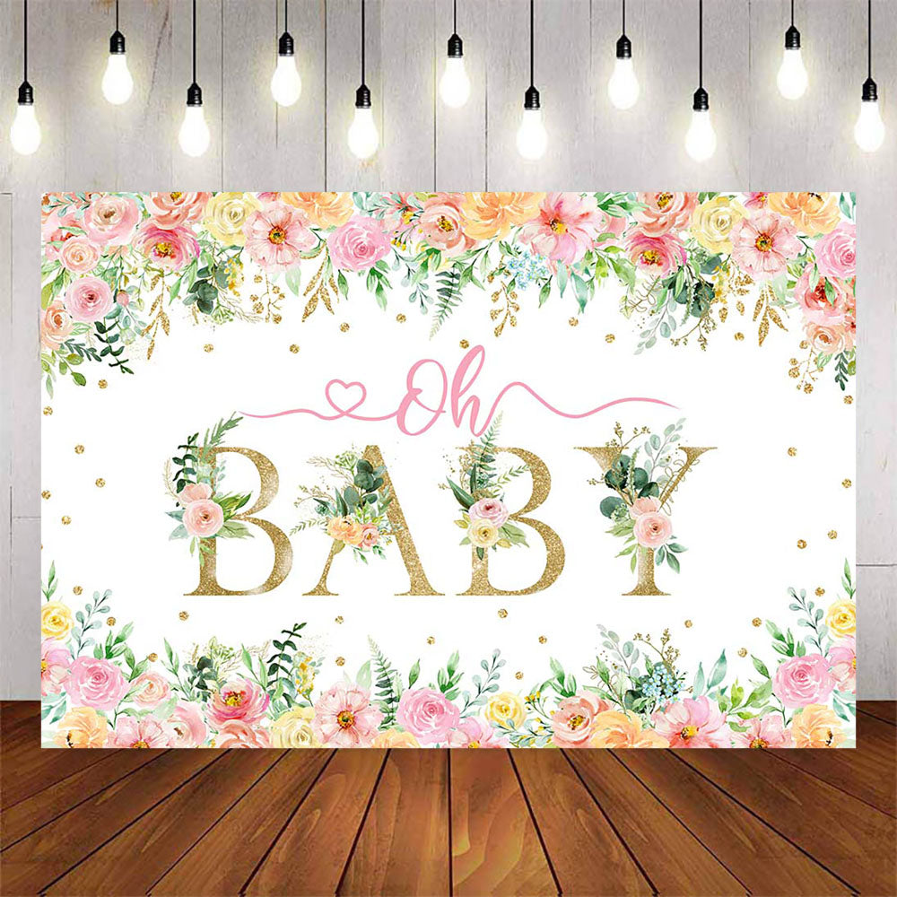 Mocsicka Spring Floral and Gold Dots Oh Baby Shower Backdrop-Mocsicka Party