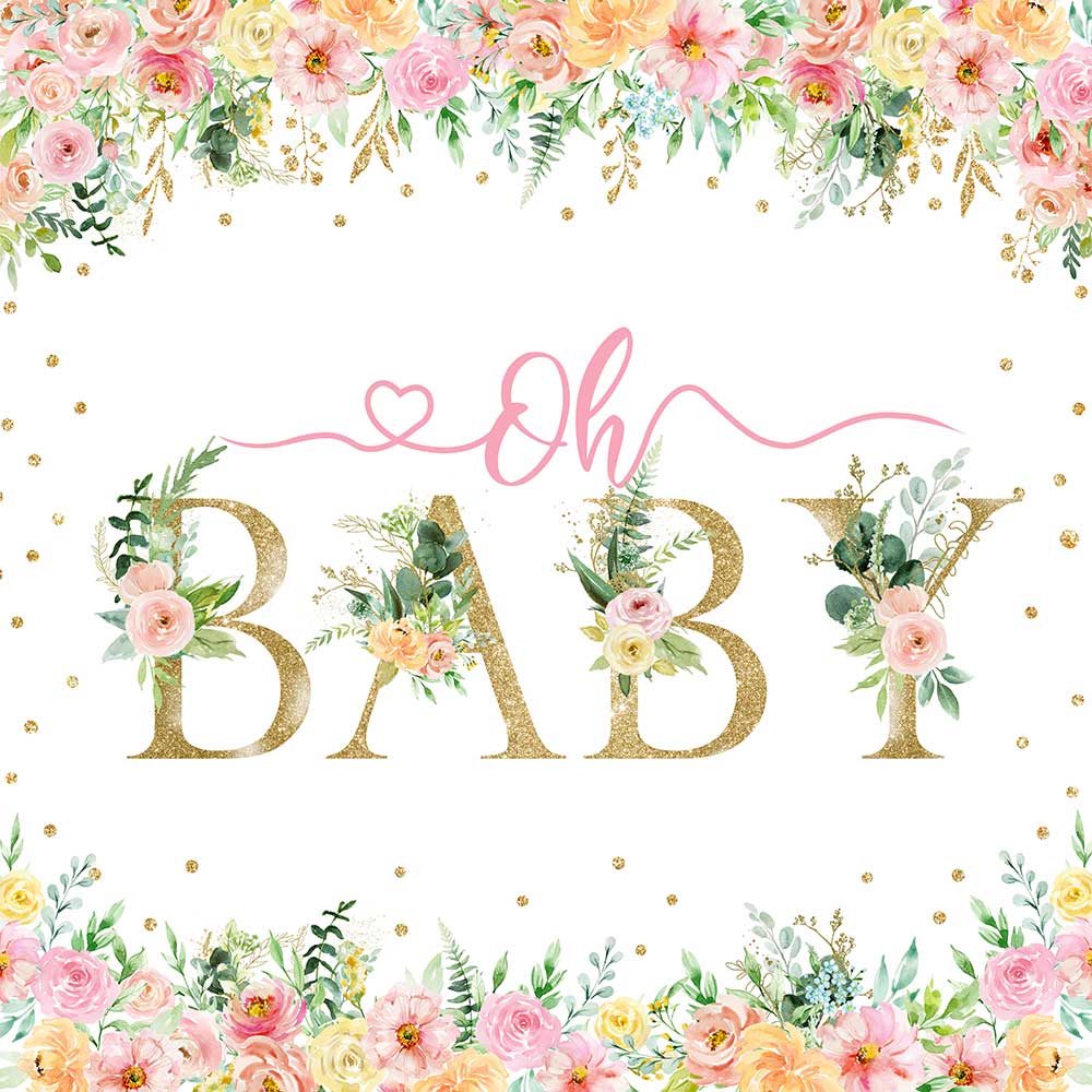 Mocsicka Spring Floral and Gold Dots Oh Baby Shower Backdrop