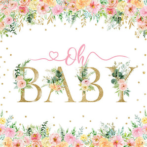 Mocsicka Spring Floral and Gold Dots Oh Baby Shower Backdrop
