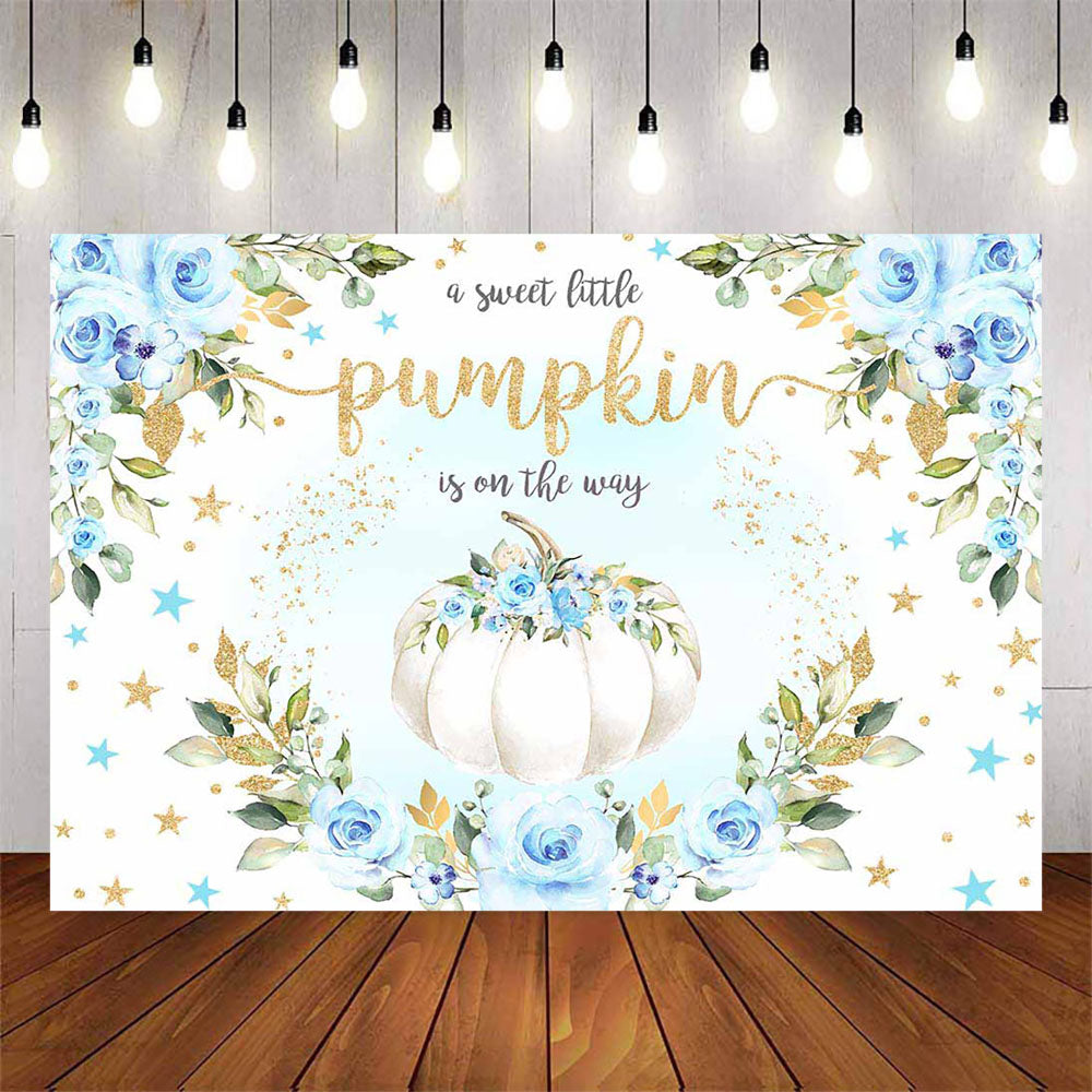Mocsicka Sweet Little Pumpkin and Blue Flowers Baby Shower Backdrop-Mocsicka Party