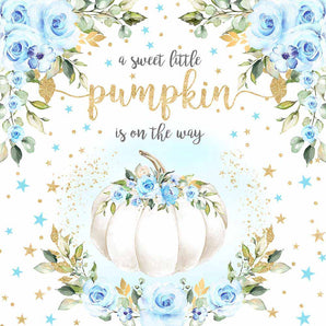 Mocsicka Sweet Little Pumpkin and Blue Flowers Baby Shower Backdrop