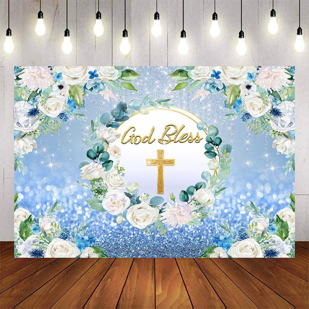 Mocsicka White Flowers Gold Cross God Bless Baby Shower Backdrop-Mocsicka Party